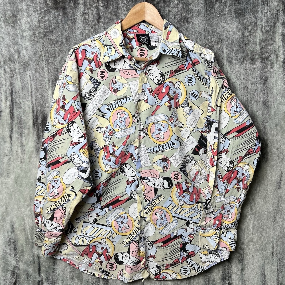 VTG DC‎ Comics Superman Clark Kent Button Down Graphic Shirt AOP Mens Large